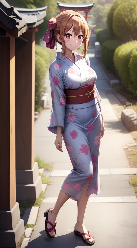 anime, beautiful face, highly detailed face, 2 accurate legs detailed eyes, highly detailed background, perfect lighting, accurate arms, accurate hands, accurate fingers, full body, 1girl, solo, ruby hoshino, oshi no ko, outdoors, detailed heels, absurdres, high res, ultrasharp, 8K, masterpiece, elegant pose, (full body:1.4), teasing smile, wearing a yukata, beautiful yukata,  at a shrine, at a shrine to make a offering, hands together praying
