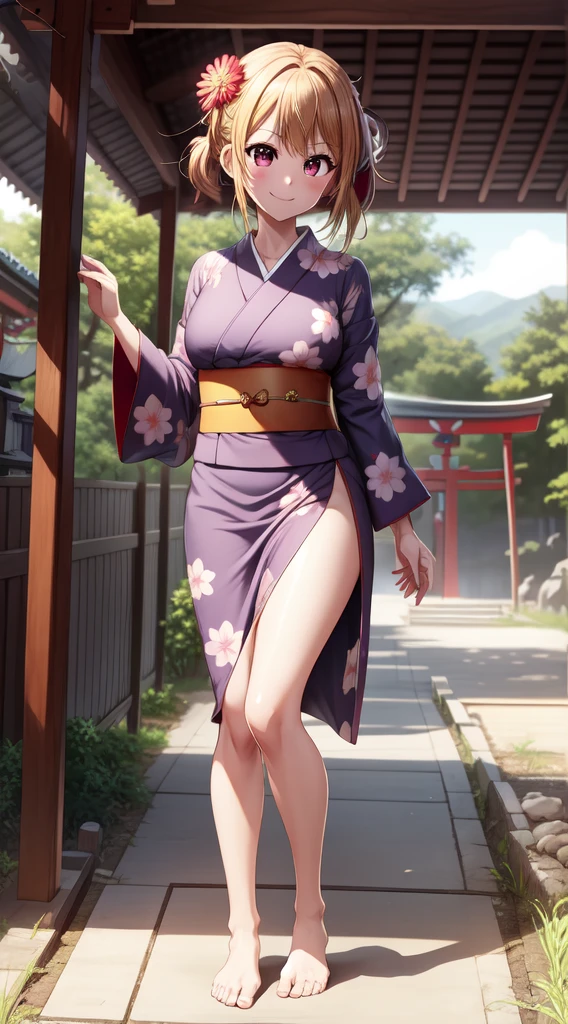 anime, beautiful face, highly detailed face, 2 accurate legs detailed eyes, highly detailed background, perfect lighting, accurate arms, accurate hands, accurate fingers, perfect feet, full body, 1girl, solo, ruby hoshino, oshi no ko, outdoors, absurdres, high res, ultrasharp, 8K, masterpiece, elegant pose, (full body:1.4), teasing smile, wearing a yukata, beautiful yukata,  at a shrine, at a shrine to make a offering, hands together praying
