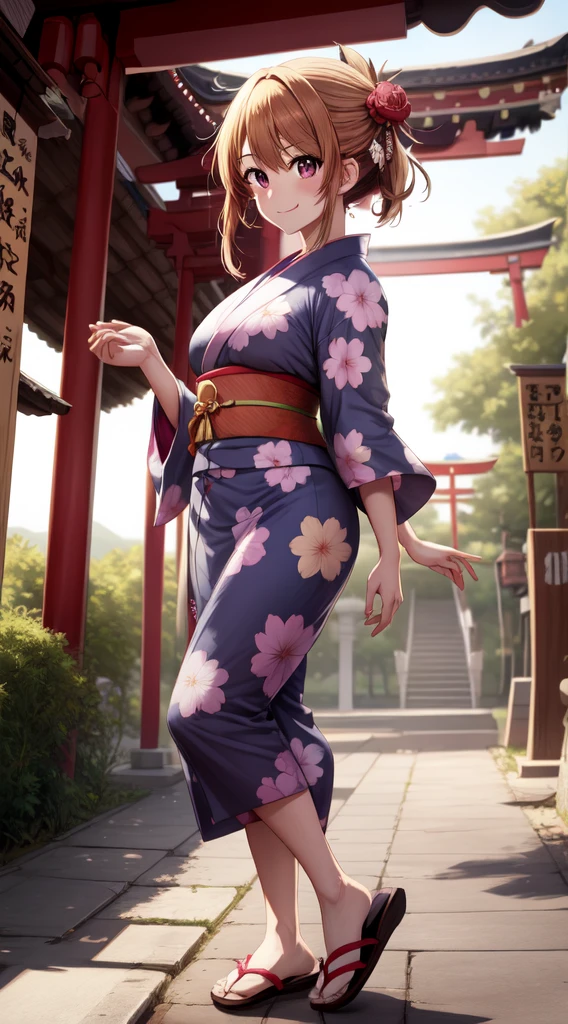 anime, beautiful face, highly detailed face, 2 accurate legs detailed eyes, highly detailed background, perfect lighting, accurate arms, accurate hands, accurate fingers, perfect feet, full body, 1girl, solo, ruby hoshino, oshi no ko, outdoors, absurdres, high res, ultrasharp, 8K, masterpiece, elegant pose, (full body:1.4), teasing smile, wearing a yukata, beautiful yukata,  at a shrine, at a shrine to make a offering, hands together praying