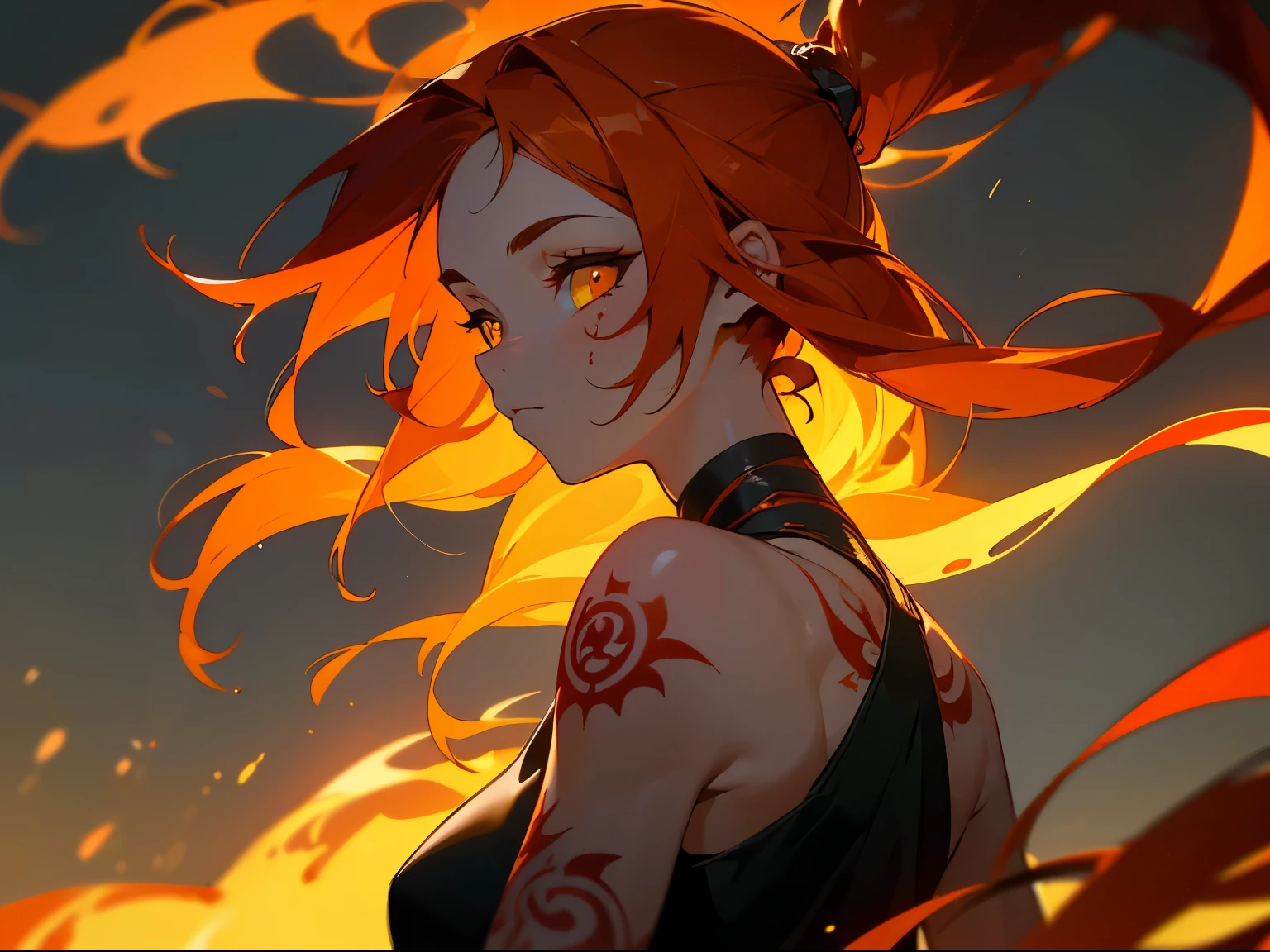 (best quality) (close up) girl with fire for hair that flows over and down her back looking over her shoulder, yellow and dark orange eyes of fire intensely staring, fire tattoos on her face, fire tattoos, tattoos, HDR, 4K, Ultra high detail.
