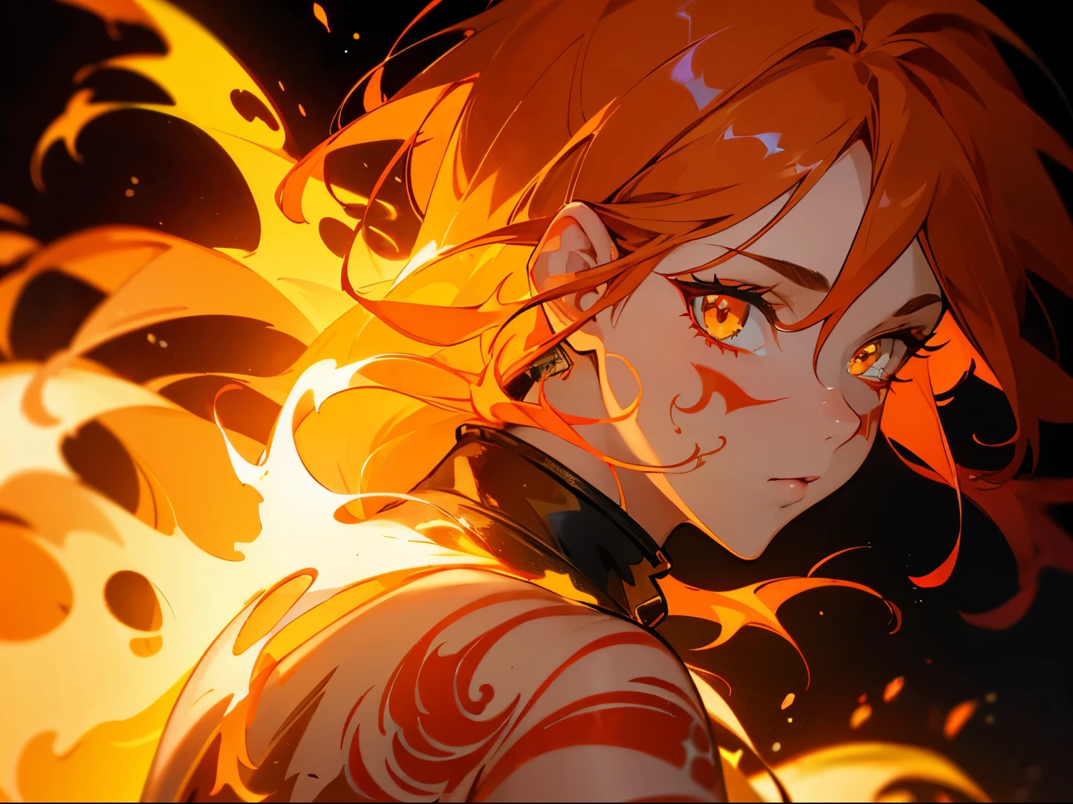 (best quality) (close up) girl with fire for hair that flows over and down her back looking over her shoulder, yellow and dark orange eyes of fire intensely staring, fire tattoos on her face, fire tattoos, tattoos, HDR, 4K, Ultra high detail.
