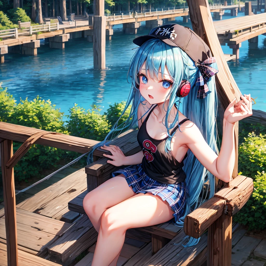 Blue hair、blue eyess、Braids、poneyTail、one good looking girl、独奏、animesque、Plaid miniskirt、Black T-shirt、camisole、the woods、Wearing a plaid baseball cap、bare-legged、Tilting your face、log bridge、Doing the ribbon、have a twig、falls、Blue Topaz、Sunset sky、Wearing headphones、spirals、s asleep