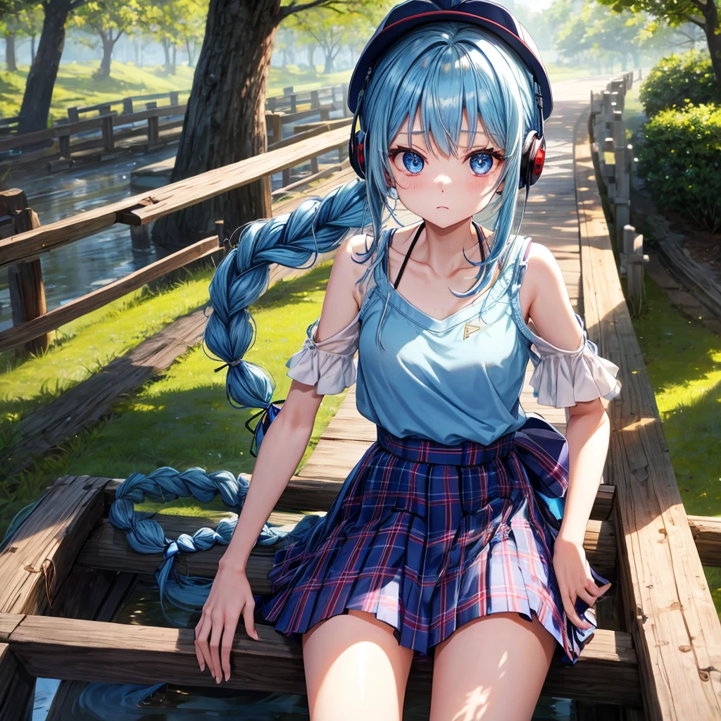 Blue hair、blue eyess、Braids、poneyTail、one good looking girl、独奏、animesque、Plaid miniskirt、Black T-shirt、camisole、the woods、Wearing a plaid baseball cap、bare-legged、Tilting your face、log bridge、Doing the ribbon、have a twig、falls、Blue Topaz、Sunset sky、Wearing headphones、spirals、s asleep