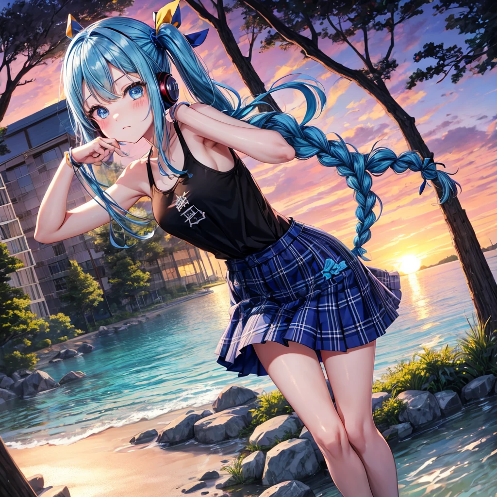 Blue hair、blue eyess、Braids、poneyTail、one good looking girl、独奏、animesque、Plaid miniskirt、Black T-shirt、camisole、the woods、Wearing a plaid baseball cap、bare-legged、Tilting your face、log bridge、Doing the ribbon、have a twig、falls、Blue Topaz、Sunset sky、Wearing headphones、spirals、s asleep