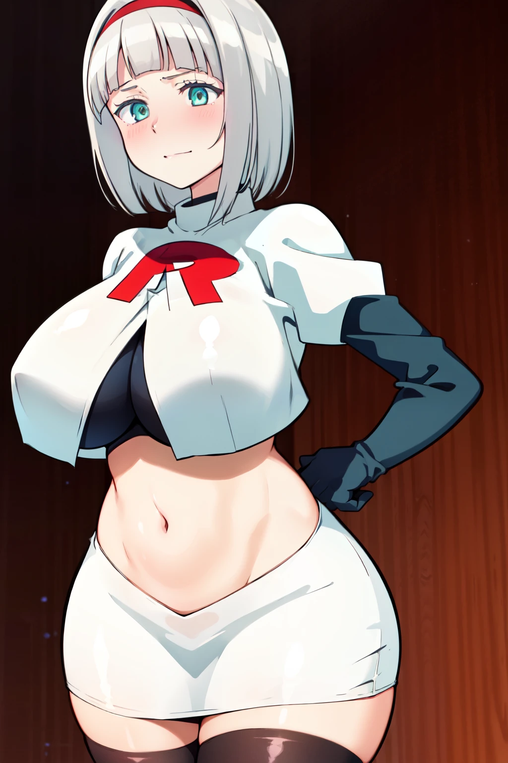 (masterpiece, best quality, ultra-detailed), AnnaNishikinomiya, white hair, aqua eyes, short hair, hairband, large breasts, team rocket,team rocket uniform,white skirt,red letter R,crop top,black thigh-highs,black elbow gloves,
