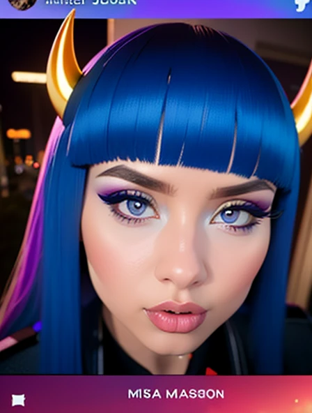 Mike Jackson wearing Girl Uniform on New Year Eve live on Seoul, dark blue hair, swept bangs, low-tied long hair, horns, multicolored eyes, devil pupils, longeyelashes, Surrealism, pov, cut-in, high detail, Artist: Riiisa Boogie, 8k, super detail, UHD, super detail, 16k