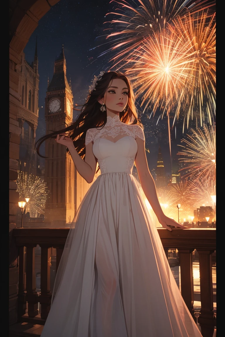 Goh woman, long elegant dress, Happy new year, woman in dress, fireworks, classy, wine