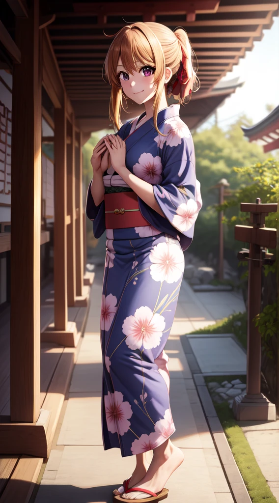 anime, beautiful face, highly detailed face, 2 accurate legs detailed eyes, highly detailed background, perfect lighting, accurate arms, accurate hands, accurate fingers, perfect feet, full body, 1girl, solo, ruby hoshino, oshi no ko, outdoors, absurdres, high res, ultrasharp, 8K, masterpiece, elegant pose, (full body:1.4), teasing smile, wearing a yukata, beautiful yukata, at a shrine, at a shrine to make a offering, hands together praying