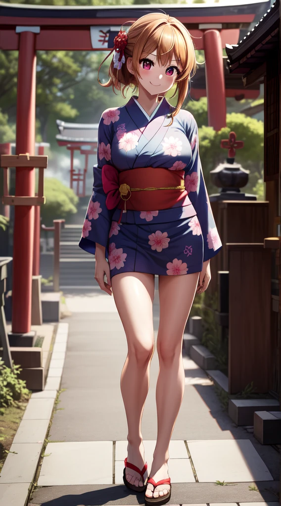 anime, beautiful face, highly detailed face, 2 accurate legs detailed eyes, highly detailed background, perfect lighting, accurate arms, accurate hands, accurate fingers, perfect feet, full body, 1girl, solo, ruby hoshino, oshi no ko, outdoors, absurdres, high res, ultrasharp, 8K, masterpiece, elegant pose, (full body:1.4), teasing smile, wearing a yukata, beautiful yukata, at a shrine, at a shrine to make a offering, hands together praying