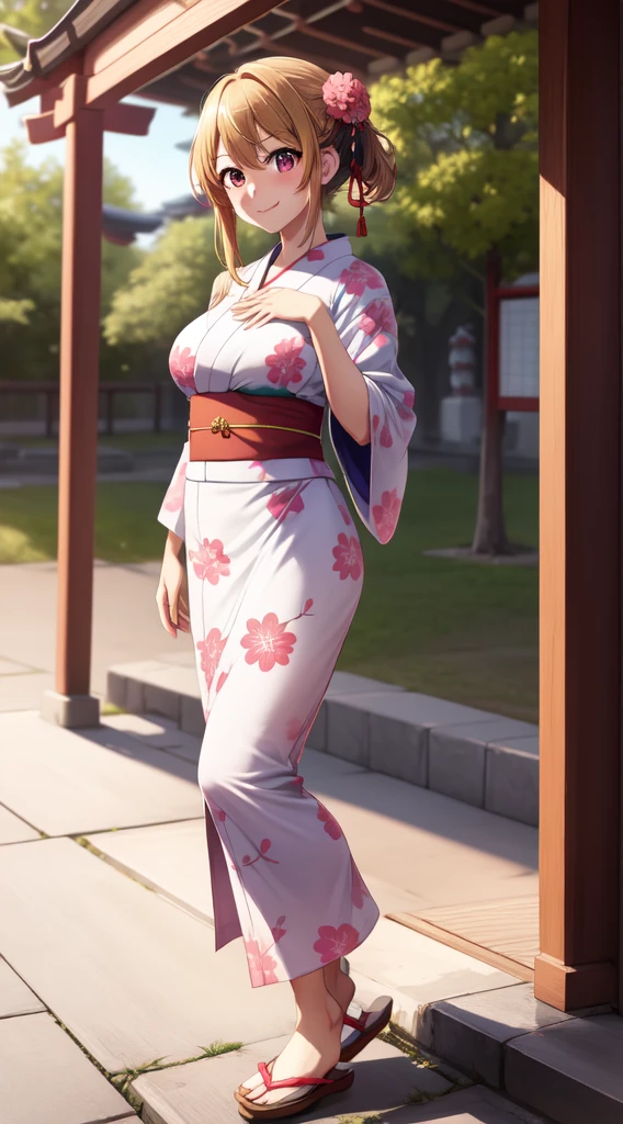 anime, beautiful face, highly detailed face, 2 accurate legs detailed eyes, highly detailed background, perfect lighting, accurate arms, accurate hands, accurate fingers, perfect feet, full body, 1girl, solo, ruby hoshino, oshi no ko, outdoors, absurdres, high res, ultrasharp, 8K, masterpiece, elegant pose, (full body:1.4), teasing smile, wearing a yukata, beautiful yukata,  at a shrine, at a shrine to make a offering, hands together praying