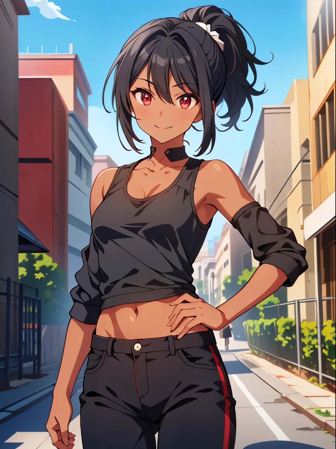 masterpiece, best quality, ashera, hair ornament, (tan:0.7), black tank top, sweatband, spandex shorts, standing, looking at viewer, smile, teeth, smug, furrowed brow, city street, cowboy shot <lora:ashera-nvwls-v1-000010:0.9>