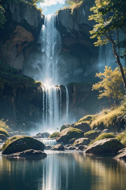 A chaotic rushing waterfall in a serene beautiful landscape, ray tracing, detailed reflections, Intricate, High Detail, dramatic, best quality masterpiece, photorealistic, detailed, 8k, HDR, backlighting, bloom, light sparkles, chromatic aberration, sharp focus
