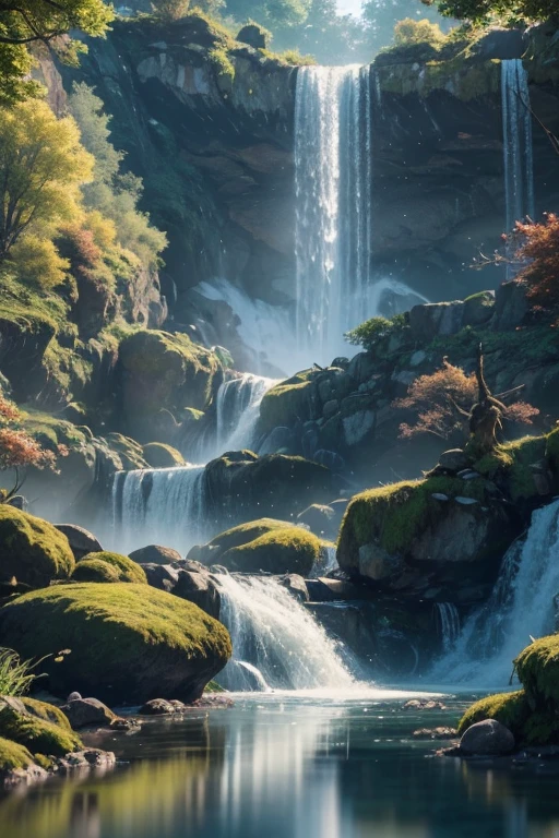 A chaotic rushing waterfall in a serene beautiful landscape, ray tracing, detailed reflections, Intricate, High Detail, dramatic, best quality masterpiece, photorealistic, detailed, 8k, HDR, backlighting, bloom, light sparkles, chromatic aberration, sharp focus