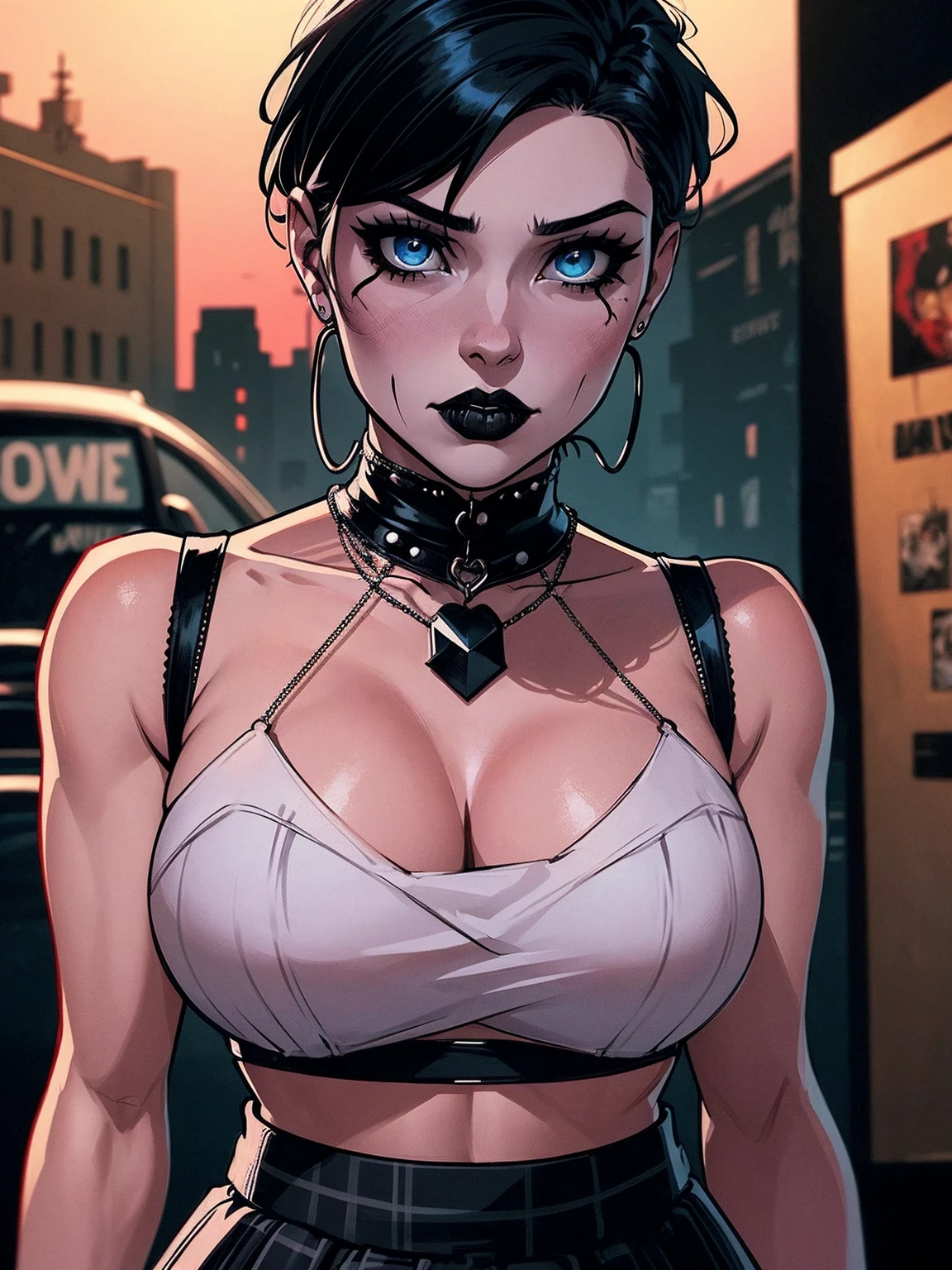 a woman with short black hair wearing a black cropped and plaid skirt, blue eyes, zombie art, gothic art, cute aesthetic with vibe, toon aesthetic, wearing red costume, wearing gothic accessories, look like Cassie Hack