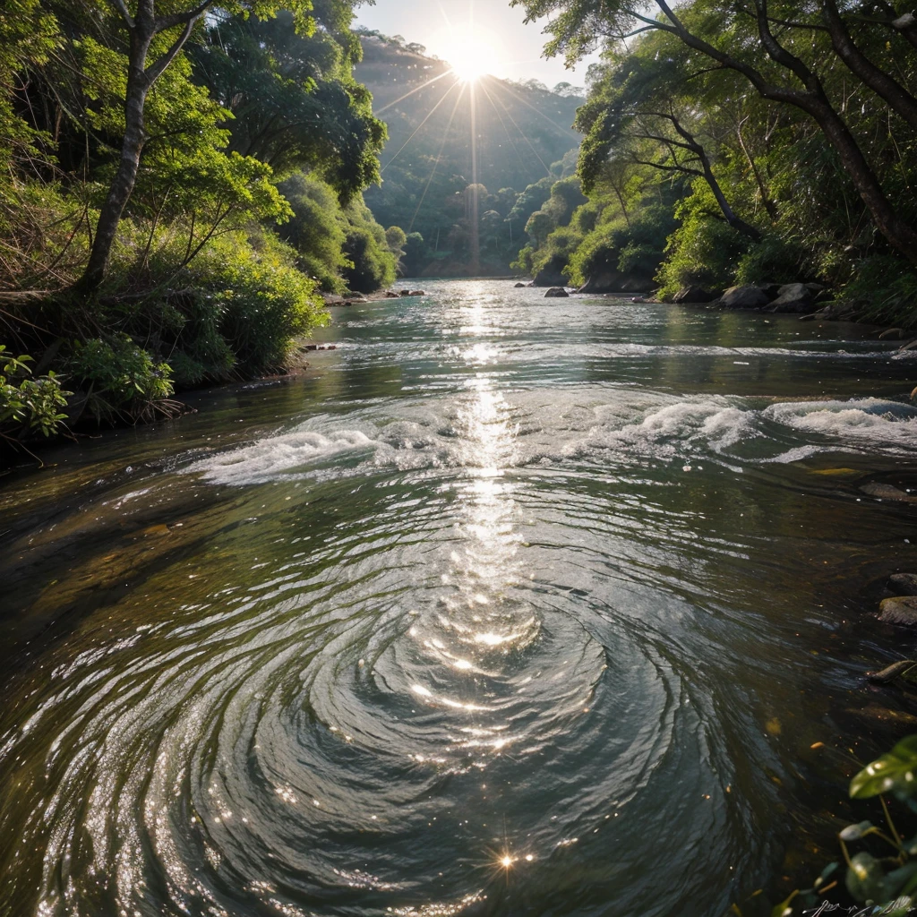 nas margens de um rio em uma exuberante floresta. Ahead of you, the river&#39;s sparkling, crystal-clear waters flow with a gentle, steady current.

Sunlight falls on the water, fazendo com que ela brilhe intensamente. Sun rays dance on the water surface, criando um efeito de brilho deslumbrante e hipnotizante. A cada movimento do rio, o brilho parece se intensificar, as if small diamonds were scattered throughout the water.

The reflection of the surrounding vegetation mixes with the brightness, creating a combination of vibrant and shiny colors. It is a scene of pure beauty and serenity, where the river and its super bright shine become the highlight of the scene.

Ao olhar para o rio, you feel a sense of wonder and calm, while the magic of super sparkly sparkle in the water envelops your senses.