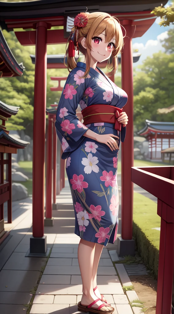 anime, beautiful face, highly detailed face, 2 accurate legs detailed eyes, highly detailed background, perfect lighting, accurate arms, accurate hands, accurate fingers, perfect feet, full body, 1girl, solo, ruby hoshino, oshi no ko, outdoors, absurdres, high res, ultrasharp, 8K, masterpiece, elegant pose, teasing smile, wearing a yukata, beautiful yukata, at a shrine, at a shrine to make a offering, hands together praying