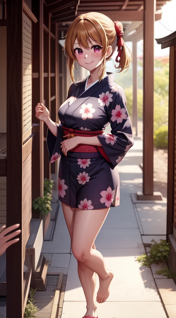 anime, beautiful face, highly detailed face, 2 accurate legs detailed eyes, highly detailed background, perfect lighting, accurate arms, accurate hands, accurate fingers, perfect feet, full body, 1girl, solo, ruby hoshino, oshi no ko, outdoors, absurdres, high res, ultrasharp, 8K, masterpiece, elegant pose, teasing smile, wearing a yukata, beautiful yukata, at a shrine, at a shrine to make a offering, hands together praying