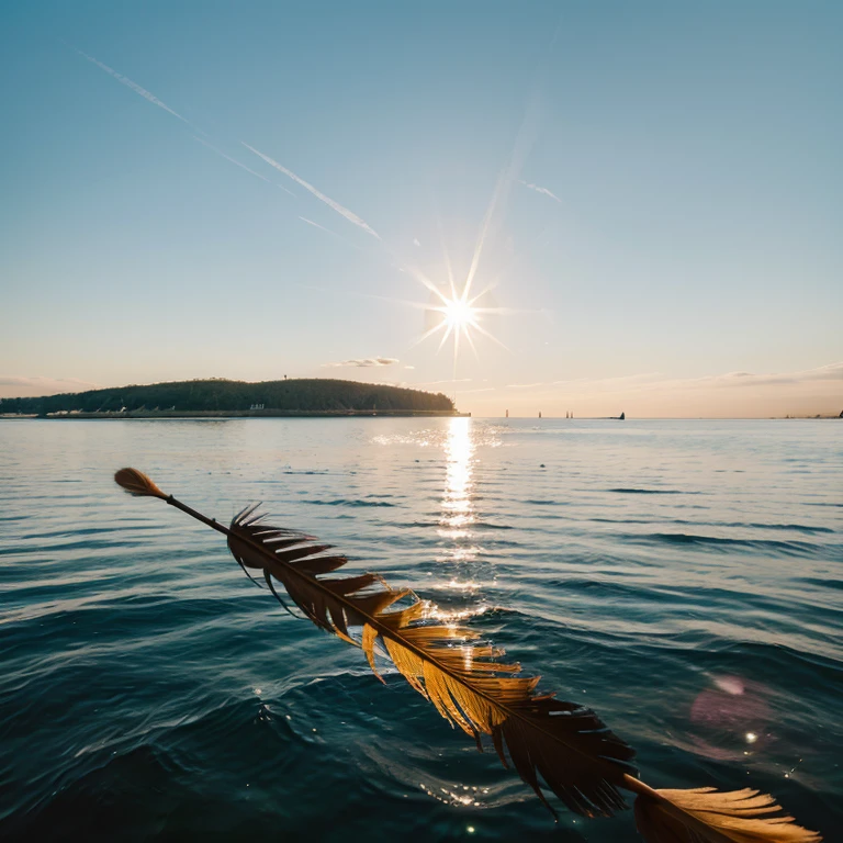 Create a feather in beautiful colors that floats on the water with the sun shining in the background