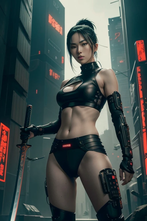 a futuristic female warrior holding a katana, (finely detailed skin), pale skin, (in a deep neckline highly detailed sexy futuristic cyberpunk black crop top and underpants made of circuit boards, japanese words with a flare effect, beautiful epic composition, futuristic, masterpiece, appealing, posing for a photo