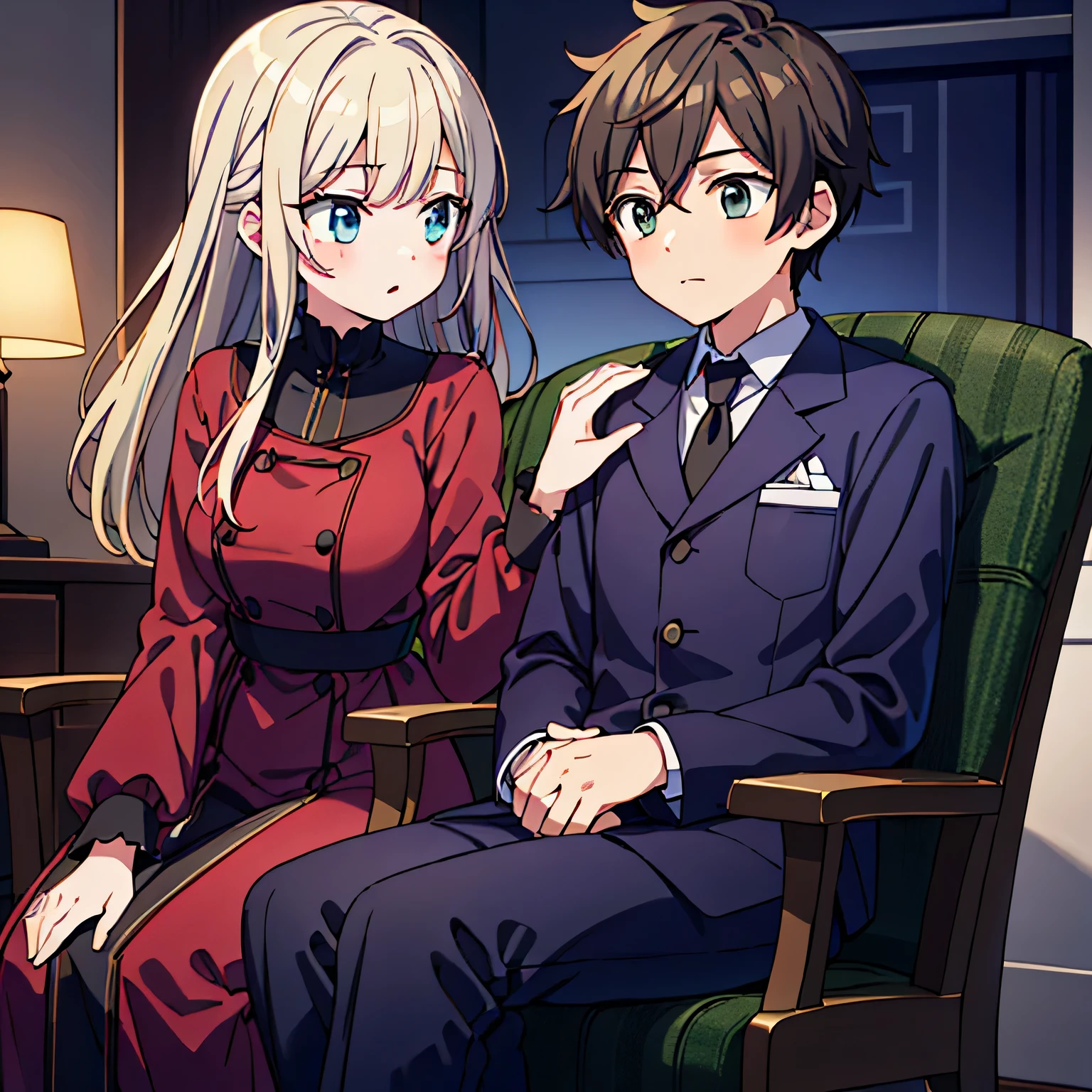 a scene where a girl and boy in a therapy session. ((The girl is comfortably seated in an armchair, while the doctor is sit in front of her)).