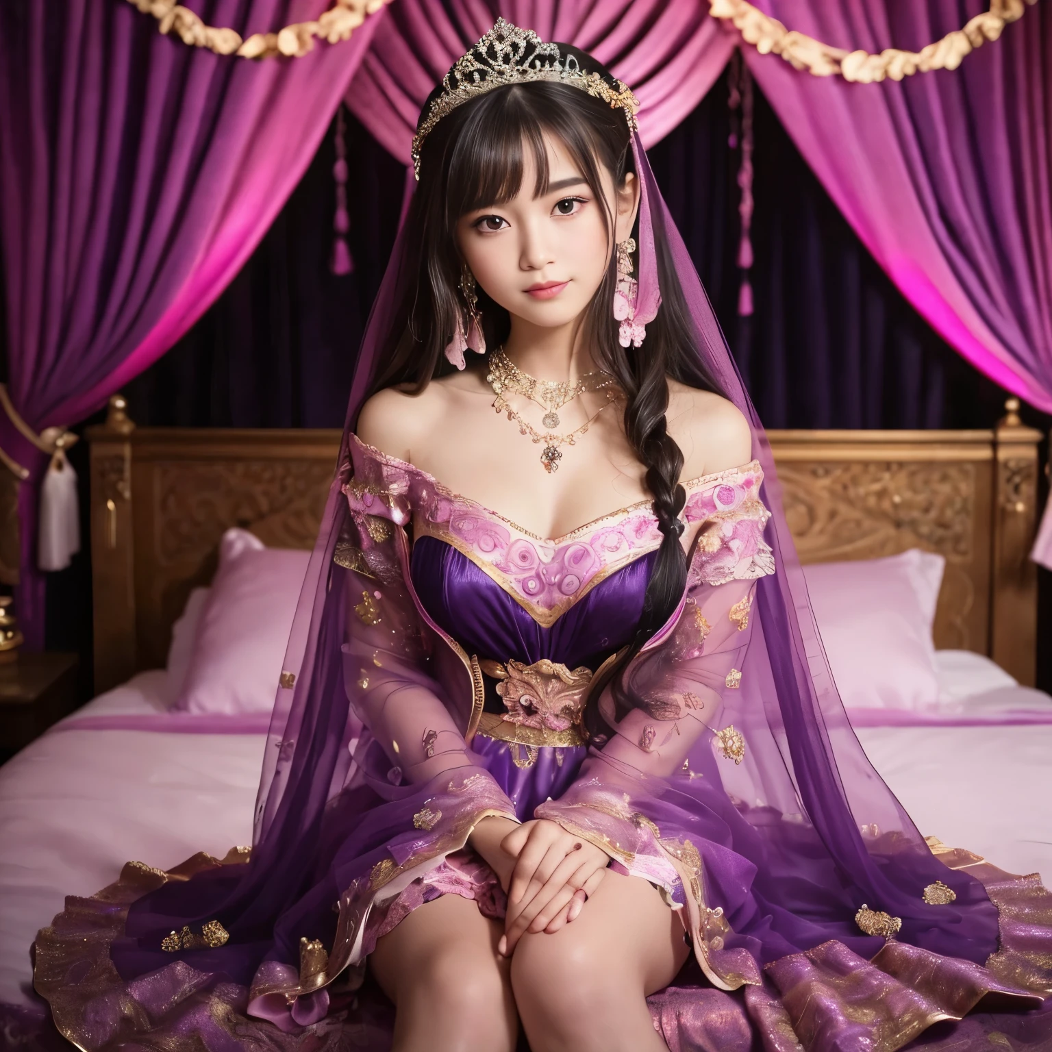 (top-quality、masutepiece、8K、Top image quality、Highly complex and detailed depictions)、one prostitute goddess、(Very young 12 year old goddess:1.3)、Ultimate luxury with everything you can imagine、most gorgeous goddess costume、(Surrounded by pink and purple curtains:1.3)、Sitting on a big bed、(Background completely surrounded by curtains:1.3)、(blurry backround:1.5)、(Very romantic atmosphere:1.3)、The background is pink and purple and very gorgeous...、A smile staring at me、Upper body photo、Sit on the most gorgeous bed、Lots of pink and purple decorations、artistic décor、(warm mood lighting:1.5)、spectacular movie lighting、Large amount of jewelry decoration、The most luxurious and huge tiara、giant pink and purple costume、pink and purple big sleeves、Very complex decoration、royal、(Frontal close-up:1.2)、Front composition、(accurate anatomy:1.5)、(Sit facing the front:1.3)、Symmetrical composition、big nice bed、(Moody dark room:1.3)