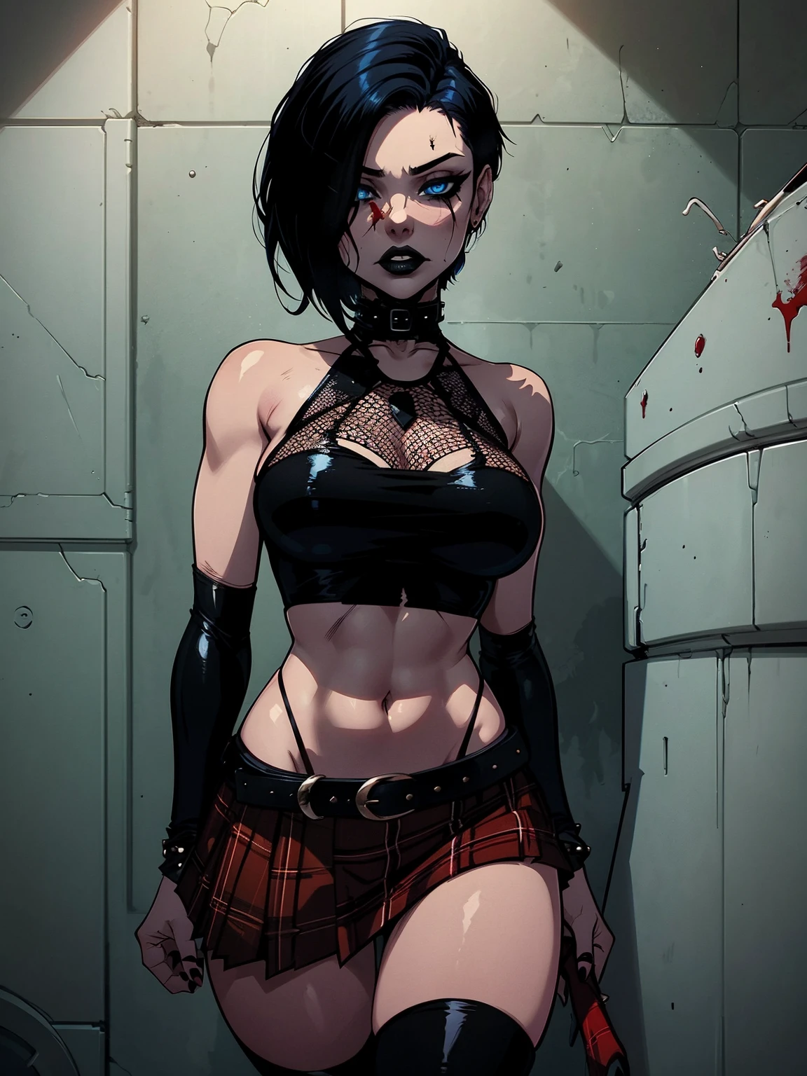 a woman with short black hair wearing a black cropped and plaid skirt, blue eyes, zombie art, gothic art, cute aesthetic with vibe, toon aesthetic, wearing red costume, wearing gothic accessories, look like Cassie Hack