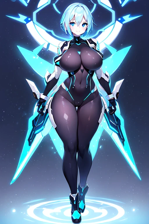 1girl, white skin, light skin, smile, light smile, blue hair, short hair, blue eyes, large breasts, breasts, wide hips, black bodysuit, bodysuit, sleeves, short sleeves, pantyhose, futuristic, science-fiction, neon trim, neon, full_body, ((full body)), standing, fixed hands