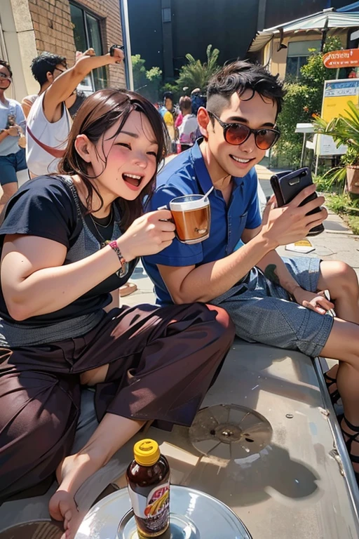 there are two people sitting on the ground with drinks and cell phones, very accurate photo, wining, photo taken in 2 0 2 0, having a great time, swimming in a pool of coffee, drinking coffee, celebration of coffee products, taken in 2 0 2 0, drinking a coffee, shot on nikon z9, having a good time, watermarked