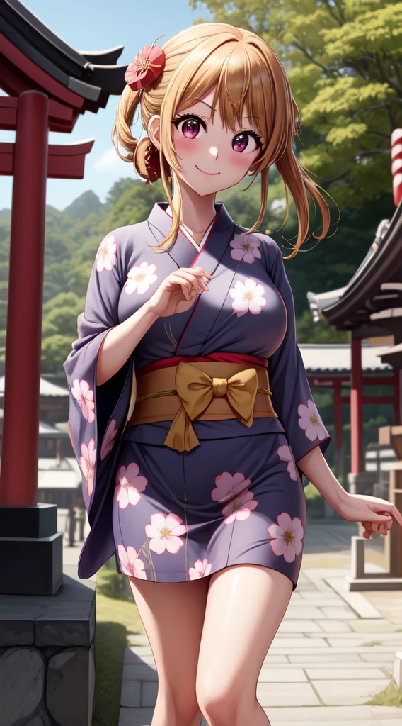 anime, beautiful face, highly detailed face, 2 accurate legs detailed eyes, highly detailed background, perfect lighting, accurate arms, accurate hands, accurate fingers, perfect feet, full body, 1girl, solo, ruby hoshino, oshi no ko, outdoors, absurdres, high res, ultrasharp, 8K, masterpiece, elegant pose, teasing smile, wearing a yukata, beautiful yukata,  at a shrine, at a shrine to make a offering, hands together praying