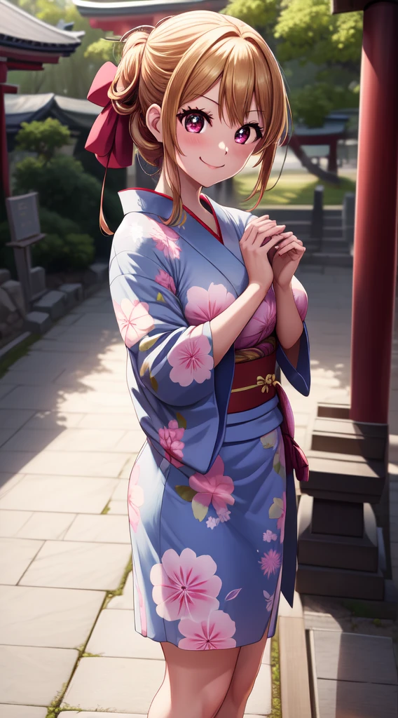 anime, beautiful face, highly detailed face, 2 accurate legs detailed eyes, highly detailed background, perfect lighting, accurate arms, accurate hands, accurate fingers, perfect feet, full body, 1girl, solo, ruby hoshino, oshi no ko, outdoors, absurdres, high res, ultrasharp, 8K, masterpiece, elegant pose, teasing smile, wearing a yukata, beautiful yukata, at a shrine, at a shrine to make a offering, hands together praying
