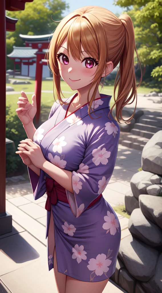 anime, beautiful face, highly detailed face, 2 accurate legs detailed eyes, highly detailed background, perfect lighting, accurate arms, accurate hands, accurate fingers, perfect feet, full body, 1girl, solo, ruby hoshino, oshi no ko, outdoors, absurdres, high res, ultrasharp, 8K, masterpiece, elegant pose, teasing smile, wearing a yukata, beautiful yukata, at a shrine, at a shrine to make a offering, hands together praying