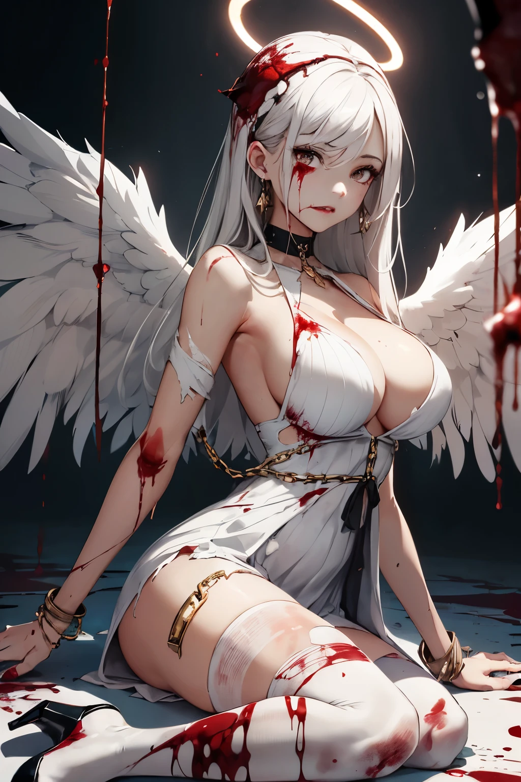 ((best quality)),((perfect face)),1 girl,angel,((angel huge wings)),halo on her head,long white hair,pale gray eyes,long white eyelashes,pale skin,full pink lips,((very torn clothes)),((torn white dress)),(golden accessories),white heels,((torn white tights)),((chains)),restrictive chains,((blood)),(blood on clothes),blood on the floor,blood on skin,((body wounds)),big breasts,small waist,