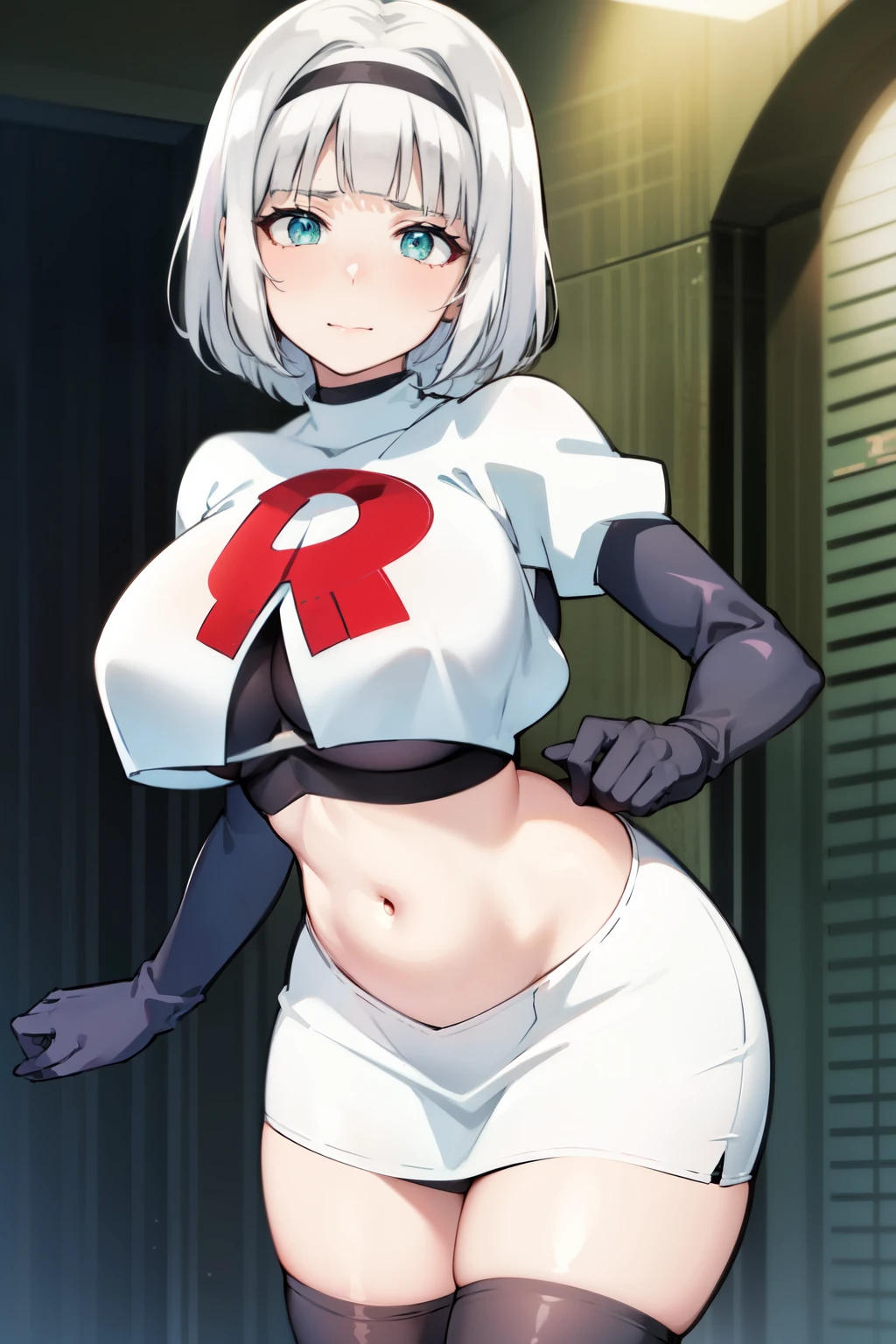 (masterpiece, best quality, ultra-detailed), AnnaNishikinomiya, white hair, aqua eyes, short hair, hairband, large breasts, team rocket,team rocket uniform,white skirt,red letter R,crop top,black thigh-highs,black elbow gloves,