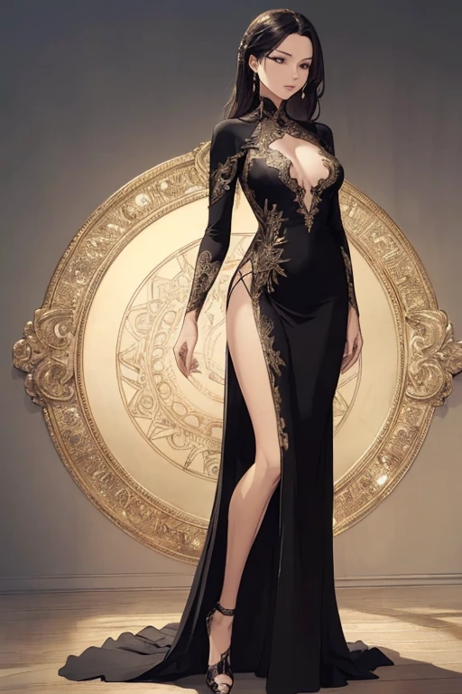 ((masterpiece)),(top quality),(best quality),(((ultra-detailed , 8k quality))), (large masterpiece digital art), (detailed manga ilustration) ,(detailed line art) ,((perfect anatomy)), extremely detailed body, extremely detailed legs, perfect legs, BREAK, Lady wearing a ((long elegant black dress)) with extreme golden details that reveal one leg.