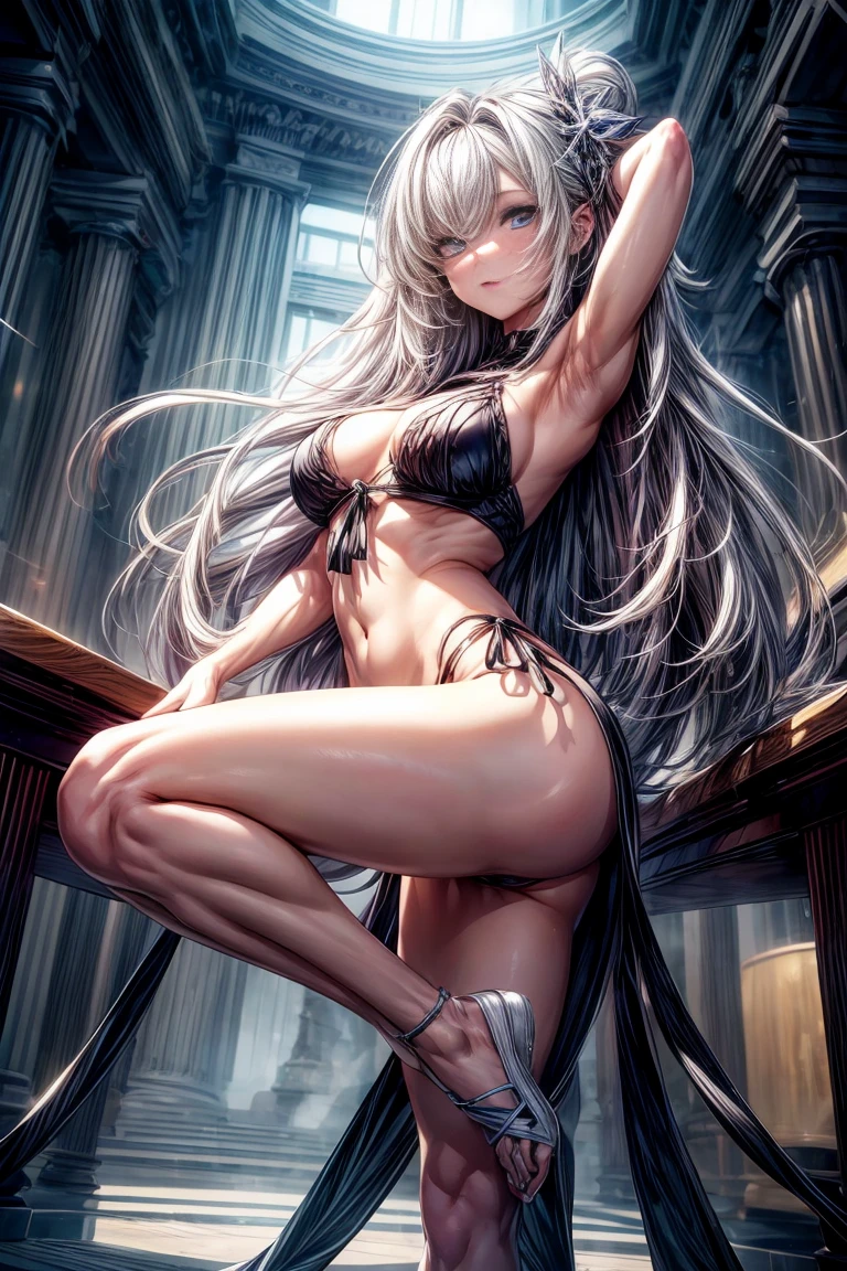 A girl with beautiful hair, body, eyes, leg, skin