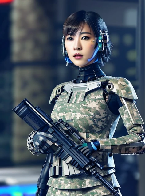 extremely detailed CG 32K Unity wallpaper, (raw photography, realistic:1.2), (professional photo, photorealistic:1.3), cinematic lighting, depth of field, sharp focus, ultra high res, (cyberpunk, perfect anatomy:1.5), realistic skin texture, intricately detailed face, ((from front view:1.2)), 1 girl, ((female soldier:1.4)), ((cyborg:1.3)), solo, (cowboy shot:1.3), black hair, short hair, highly detailed skin, (tan, oil:1.2), bright eyes, beautiful nose and lips, expressionless, perfect body, beautiful body, ((camouflaged, partially mechanical body:1.5)), ((camouflaged body armor:1.2)), slender, medium breast, (((holding 1 blaster rifle:1.3))), outdoor, jungle, noon,