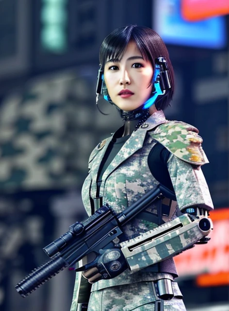 extremely detailed CG unity 16K wallpaper, (raw photography, cyberpunk:1.3), science fiction, (photorealistic, highest quality, masterpiece:1.2), (correct :1.5), POV, (from front:1.4), (from below:1.3), dynamic angle, 1 girl, ((female soldier with mechanize body:1.5)), solo, ((full-body shot:1.1)), black hair, ponytail, fairly detailed skin, tan, realistic eyes, (bright and dark eyes:1.5), highly detailed nose and lips, (tall nose:1.5), expressionless, ((camouflaged body armor:1.5)), perfect body proportion, (slender, beautiful breast:1.5), cleavage, ((highly mechanized body armor:1.4)), (((flying:1.4))), (((1 jet-pack on the girl's back, the girl is flying by the jet-pack:1.3))), (((holding 1 blaster rifle:1.2))), intricately detailed face, ultra-detailed skin texture, professional photo, professional lighting, sharp focus, depth of field, best aesthetic, (((outdoor, vandalized town, noon, battlefield:1.5)))