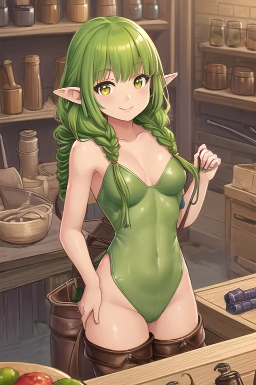 masterpiece, best quality, ultra-detailed, 1 girl, goblin girl, female goblin, goblin, 1girl, (green skin), long pointy ears, makima, Green hair, long braided hair, golden eyes, bangs, medium breasts, smile, (lworking in the leather shop), short