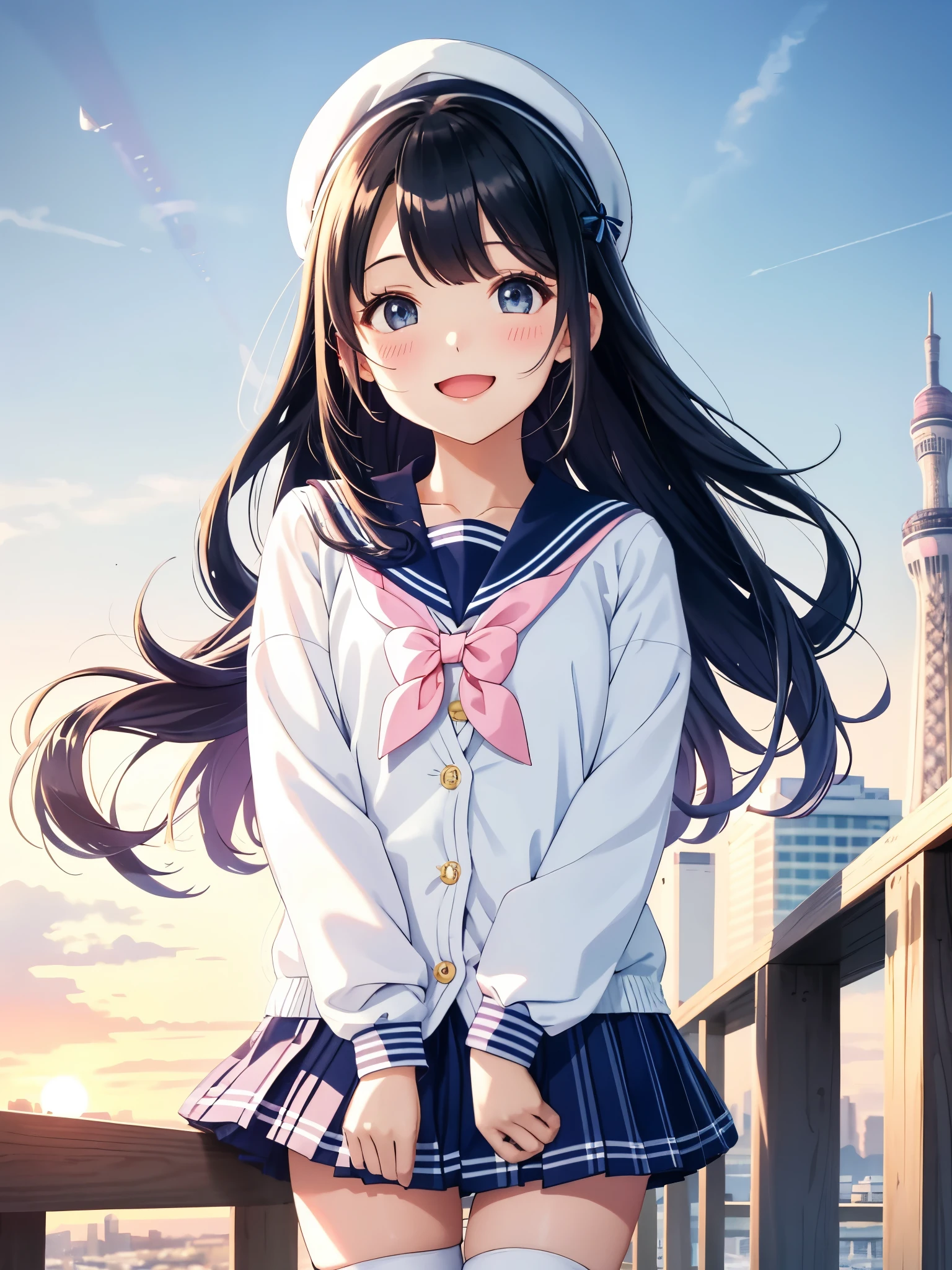 hightquality、Detailed background、skytree、observitory、new year、sunrises、Three Beautiful Girls、kawaii hair style、Cute hair colors、Cute colored sailor suit、white sailor collar、Cute plaid pleated skirt、Cute colored school cardigan、Stockings in bright colors、Smiling、Laughing、pantie shot