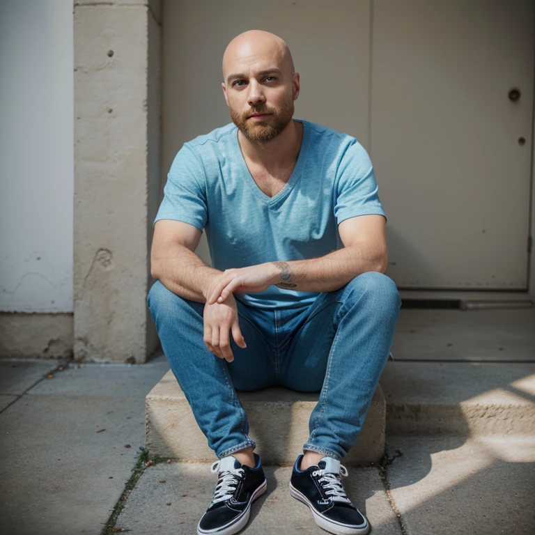 portrait of a bald man with beard. jeans, v-neck t-shirt, Vans sneakers. bright blue eyes. shot on 35mm camera
