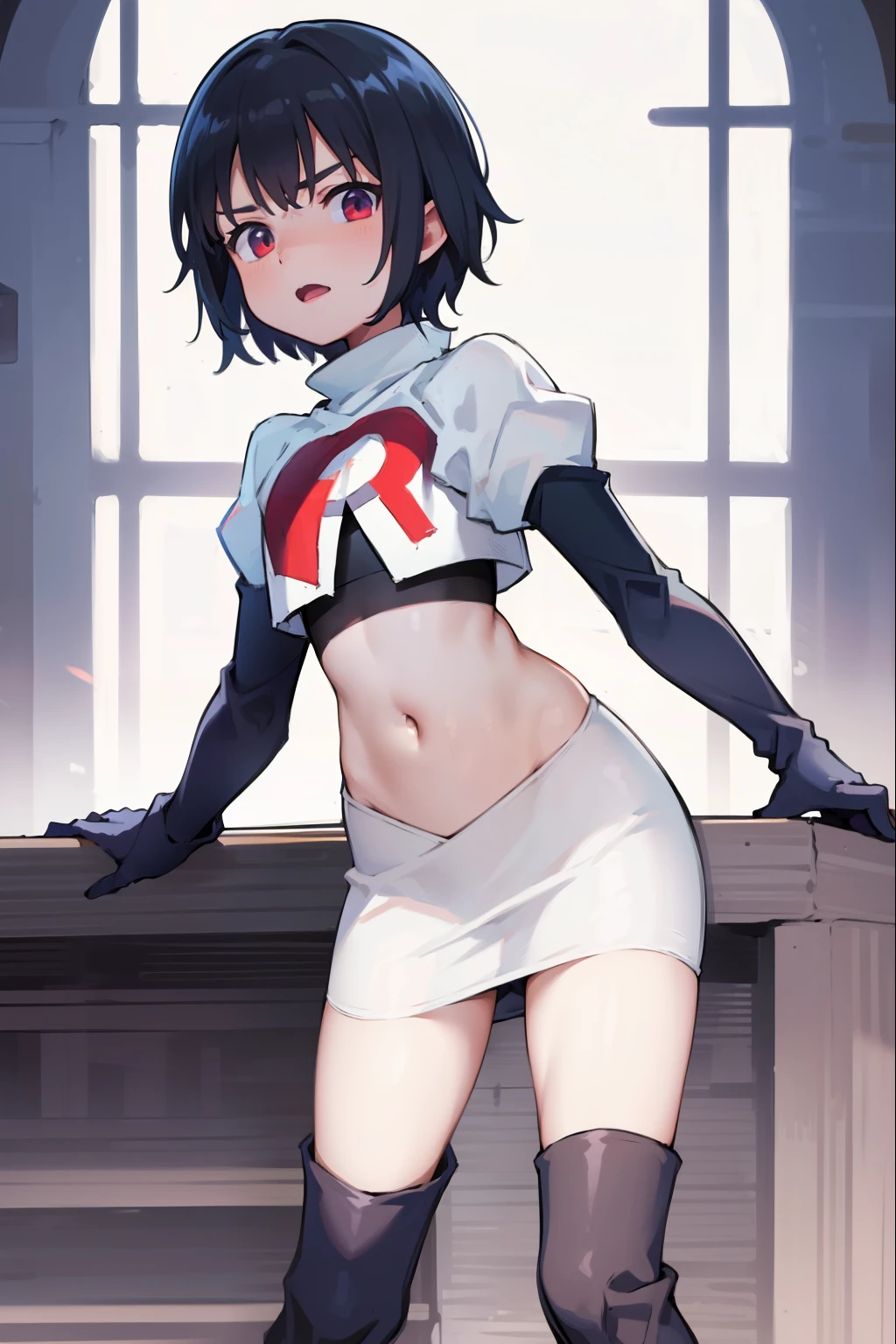 absurdres,1boy, male focus, trap,crossdressing,1boy,team rocket,team rocket uniform,white skirt,red letter R,crop top,black thigh-high boots,black elbow gloves,