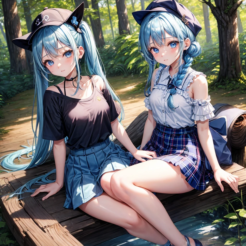 Blue hair、blue eyess、Braids、poneyTail、one good looking girl、独奏、animesque、Plaid miniskirt、Black T-shirt、camisole、the woods、sitting on、Wearing a plaid baseball cap、bare-legged、Tilting your face、log bridge、Doing the ribbon、have a twig、falls、Blue Topaz、Sunset sky、Wearing headphones、spirals、Are sleeping