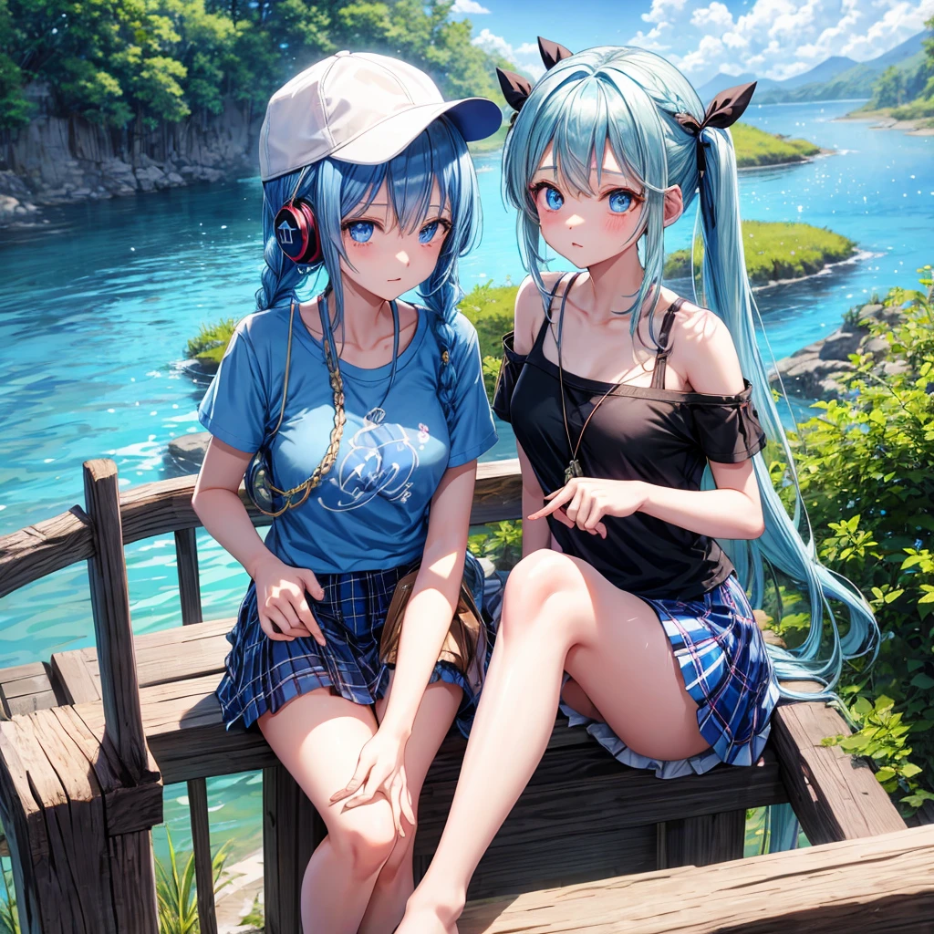 Blue hair、blue eyess、Braids、poneyTail、one good looking girl、独奏、animesque、Plaid miniskirt、Black T-shirt、camisole、the woods、sitting on、Wearing a plaid baseball cap、bare-legged、Tilting your face、log bridge、Doing the ribbon、have a twig、falls、Blue Topaz、Sunset sky、Wearing headphones、spirals、Are sleeping