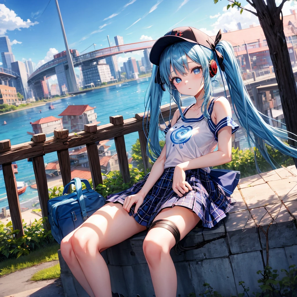 Blue hair、blue eyess、Braids、poneyTail、one good looking girl、独奏、animesque、Plaid miniskirt、Black T-shirt、camisole、the woods、sitting on、Wearing a plaid baseball cap、bare-legged、Tilting your face、log bridge、Doing the ribbon、have a twig、falls、Blue Topaz、Sunset sky、Wearing headphones、spirals、Are sleeping