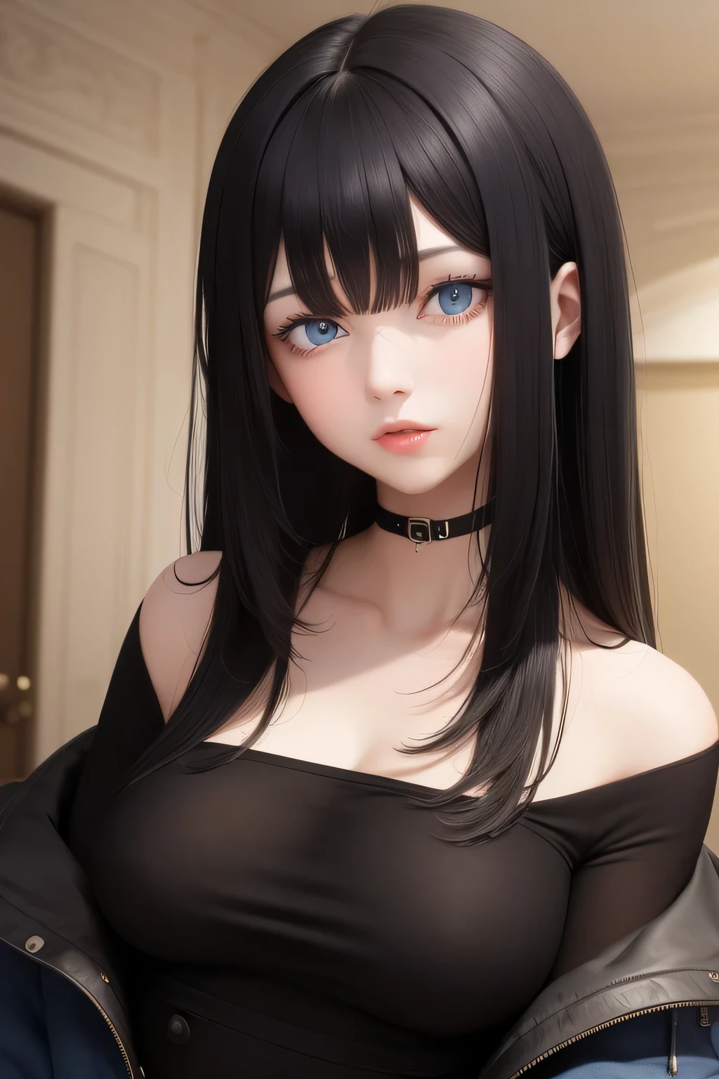 best quality, masterpiece,Black hair, blue eyes, looking up, upper body