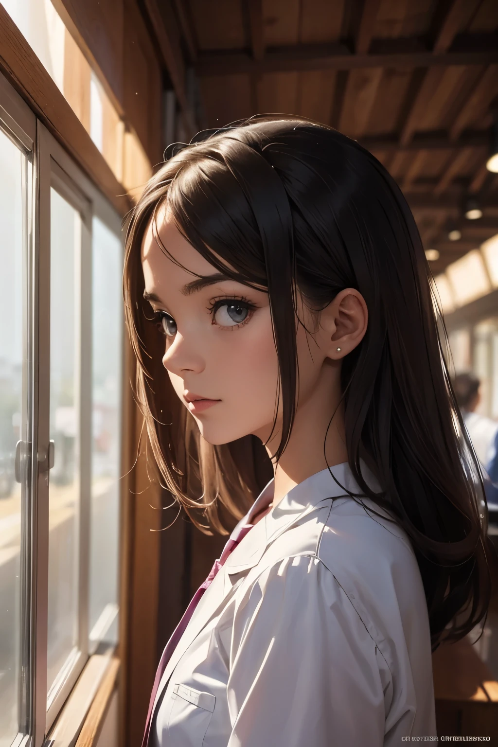 (Foco frontal), (No escuro: 1.6), Retratos Femininos Surrealistas de David Hockney e Alphonse Mucha, Beleza Perfeita 1:1 Arte de Fantasia, Foto realism, dynamic lighting, art-station, poster, Volumetric lighting, Rostos muito detalhados, 4 mil, Premiados, 1girl, No escuro, sombra profunda, discreto, cowboy shot, (Uniforme Oficial: 1.4), cabelos longos,