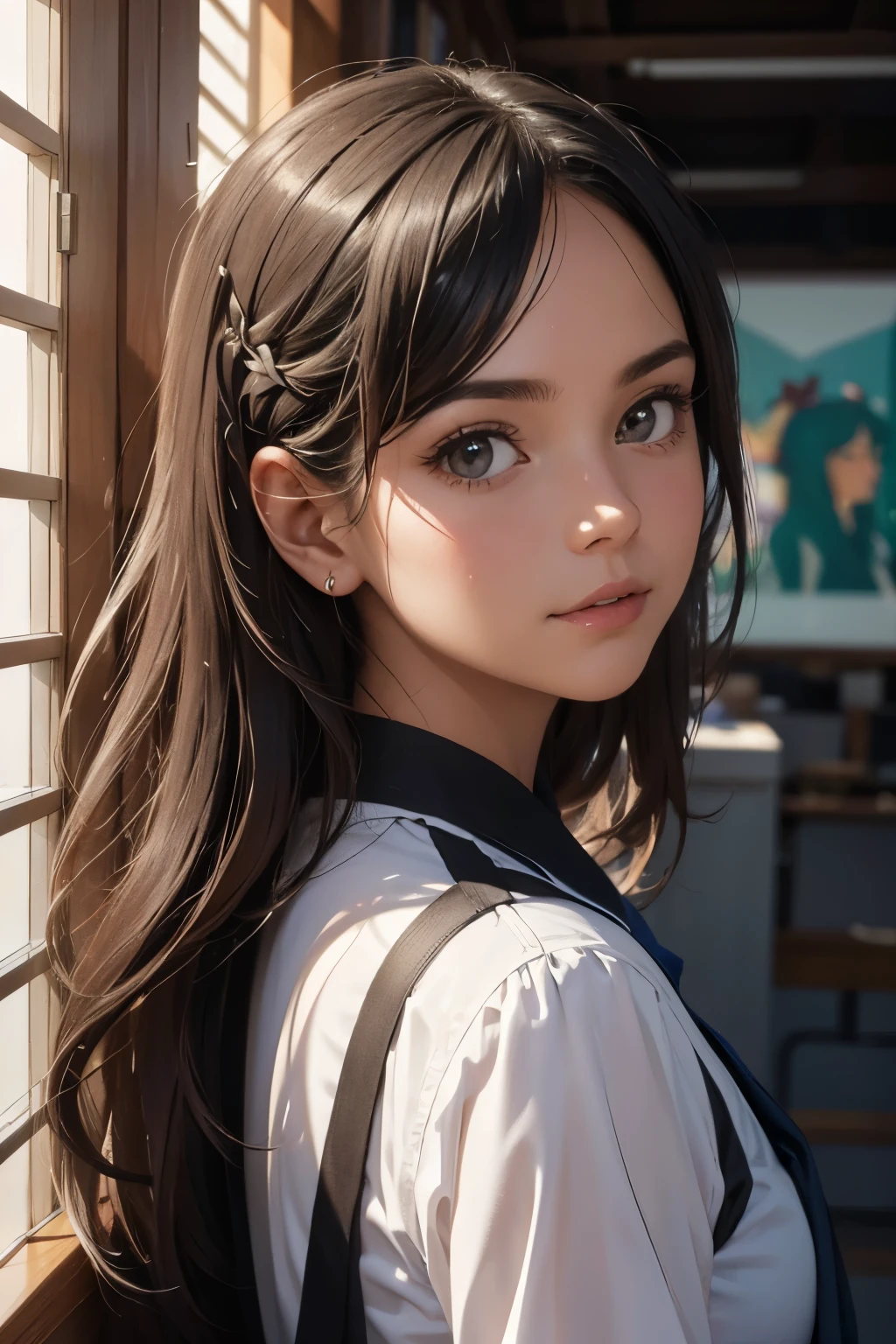 (Foco frontal), (No escuro: 1.6), Retratos Femininos Surrealistas de David Hockney e Alphonse Mucha, Beleza Perfeita 1:1 Arte de Fantasia, Foto realism, dynamic lighting, art-station, poster, Volumetric lighting, Rostos muito detalhados, 4 mil, Premiados, 1girl, No escuro, sombra profunda, discreto, cowboy shot, (Uniforme Oficial: 1.4), cabelos longos,