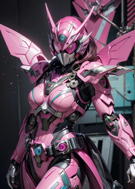 magenta pink paint、Textured skin, Super Detail, high details, High quality, Best Quality, hight resolution, 1080p, hard disk, Gorgeous beauty,(Kamen Rider),(mask off),(women&#39;s rideody suit,battle suits,Transformation Belt,Battle Mode,Metal,Transform into Kamen Rider,cyborgs