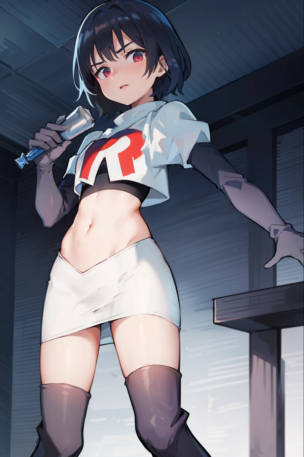 absurdres,1boy, male focus, trap,crossdressing,1boy,team rocket,team rocket uniform,white skirt,red letter R,crop top,black thigh-high boots,black elbow gloves,