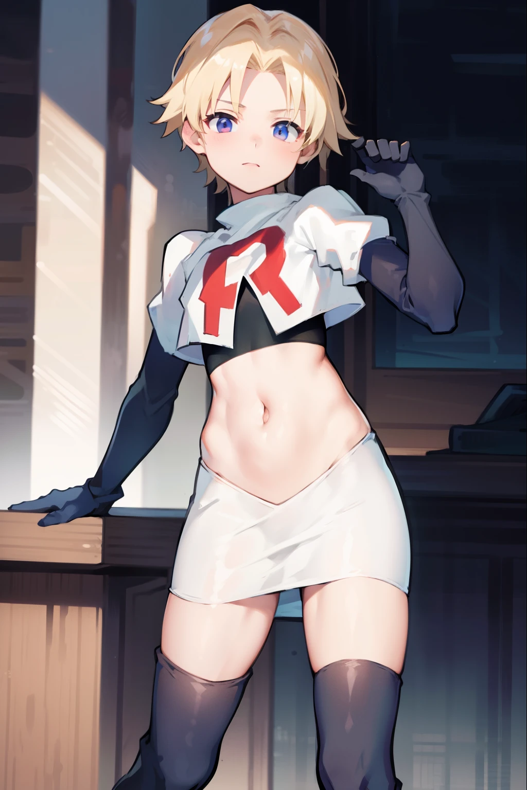 absurdres,1boy, male focus, trap,crossdressing,1boy,team rocket,team rocket uniform,white skirt,red letter R,crop top,black thigh-high boots,black elbow gloves,